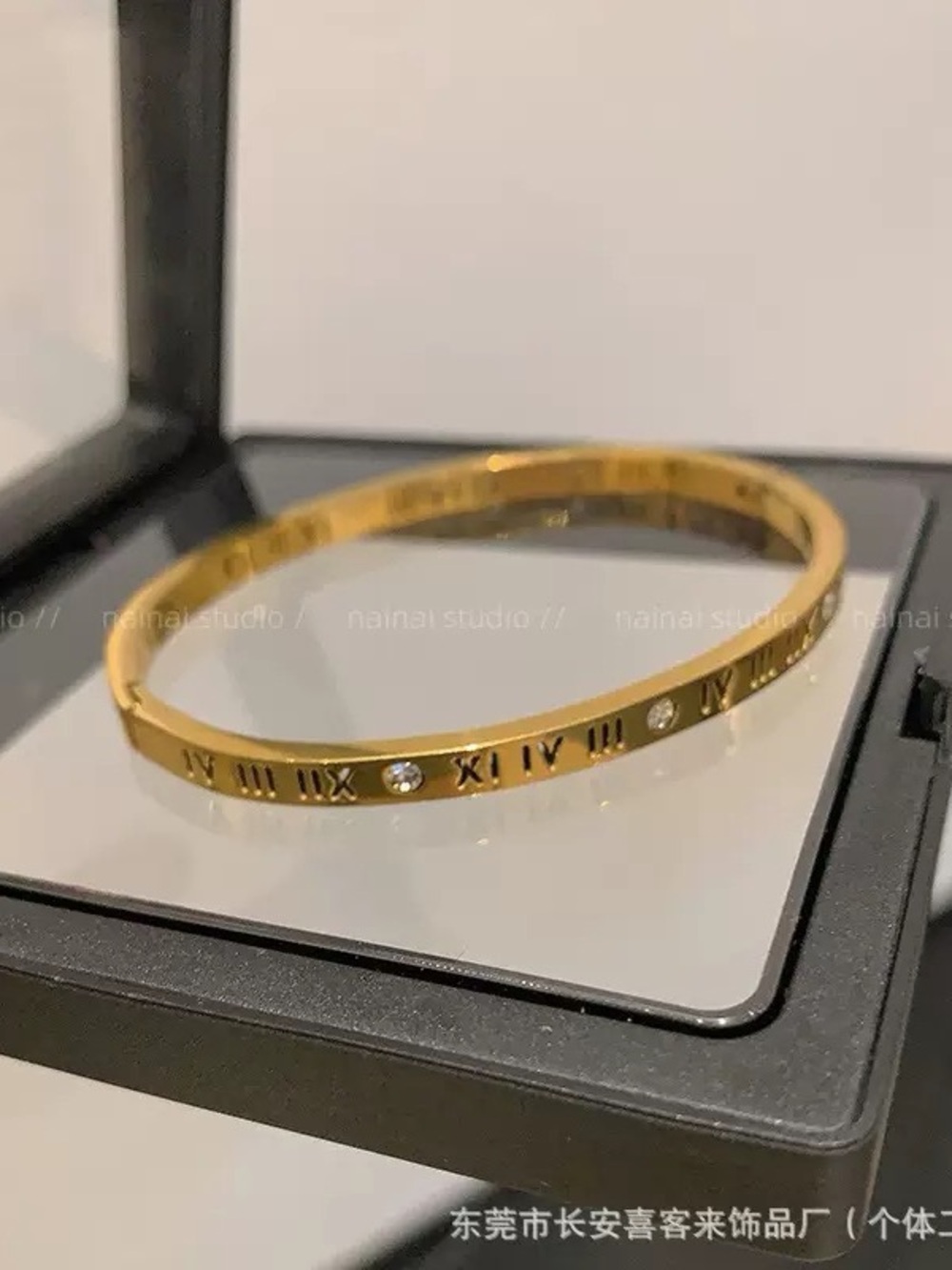 Titanium Steel Gold Roman Numeral Bangle Bracelet with Crystal Accents